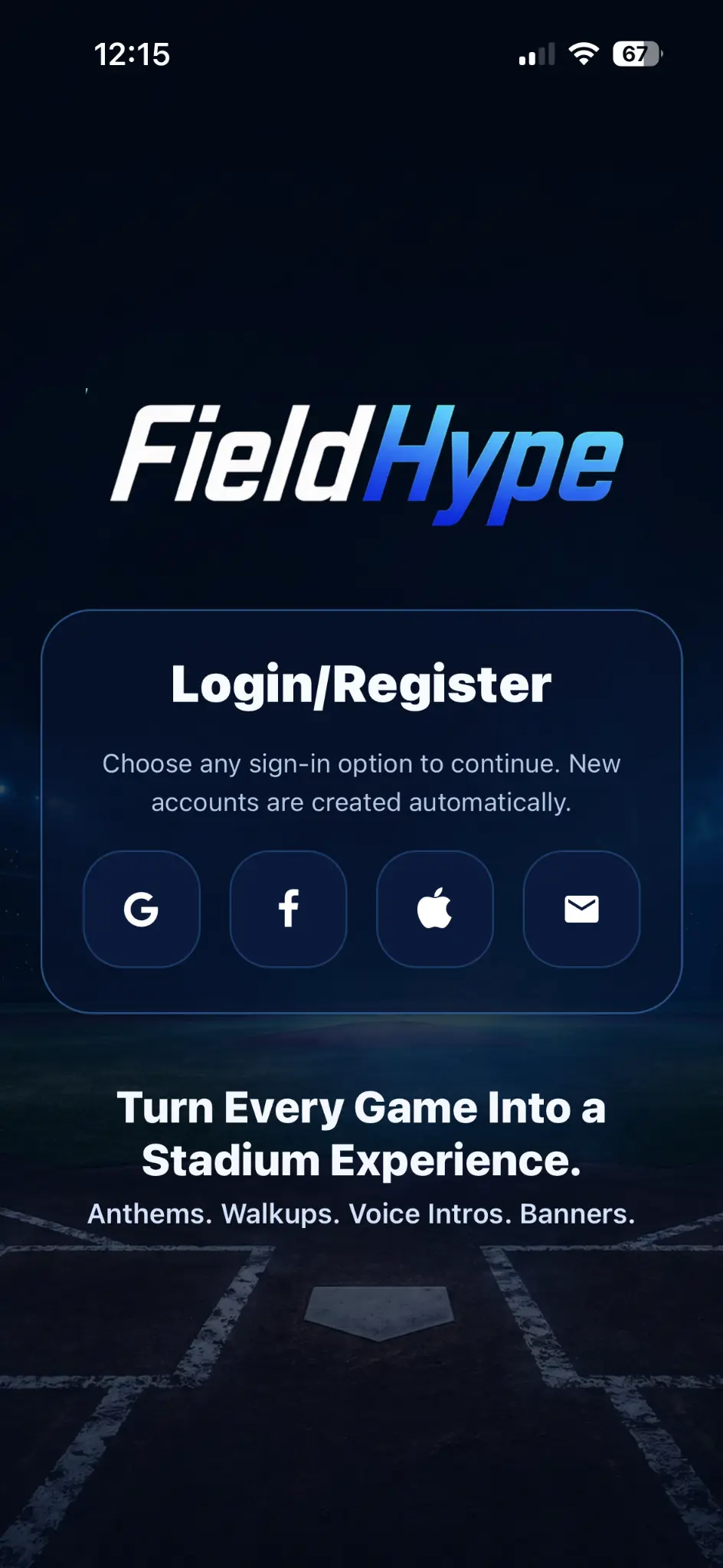 FieldHype app login screen